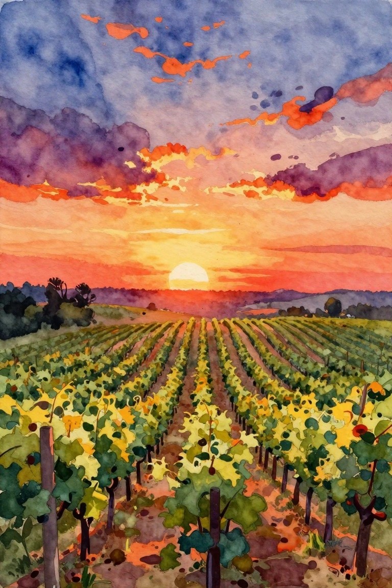 A watercolor painting of vineyard rows leading toward a setting sun with a colorful orange and purple sky.
