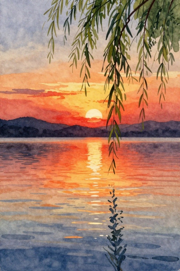 Watercolor sunset over calm lake with weeping willow branches, orange reflections, distant mountains.