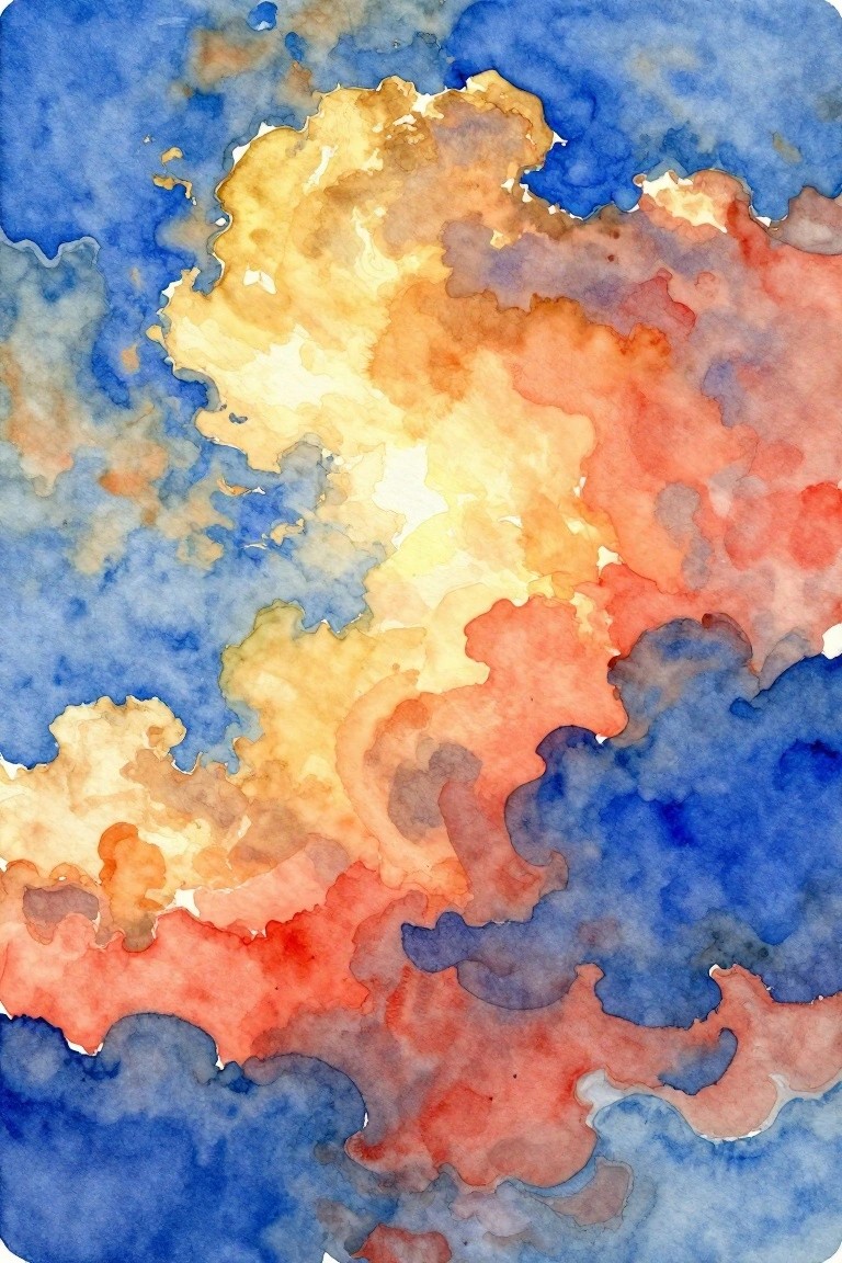 Abstract watercolor with blended blue, yellow, orange, and red cloud-like shapes.