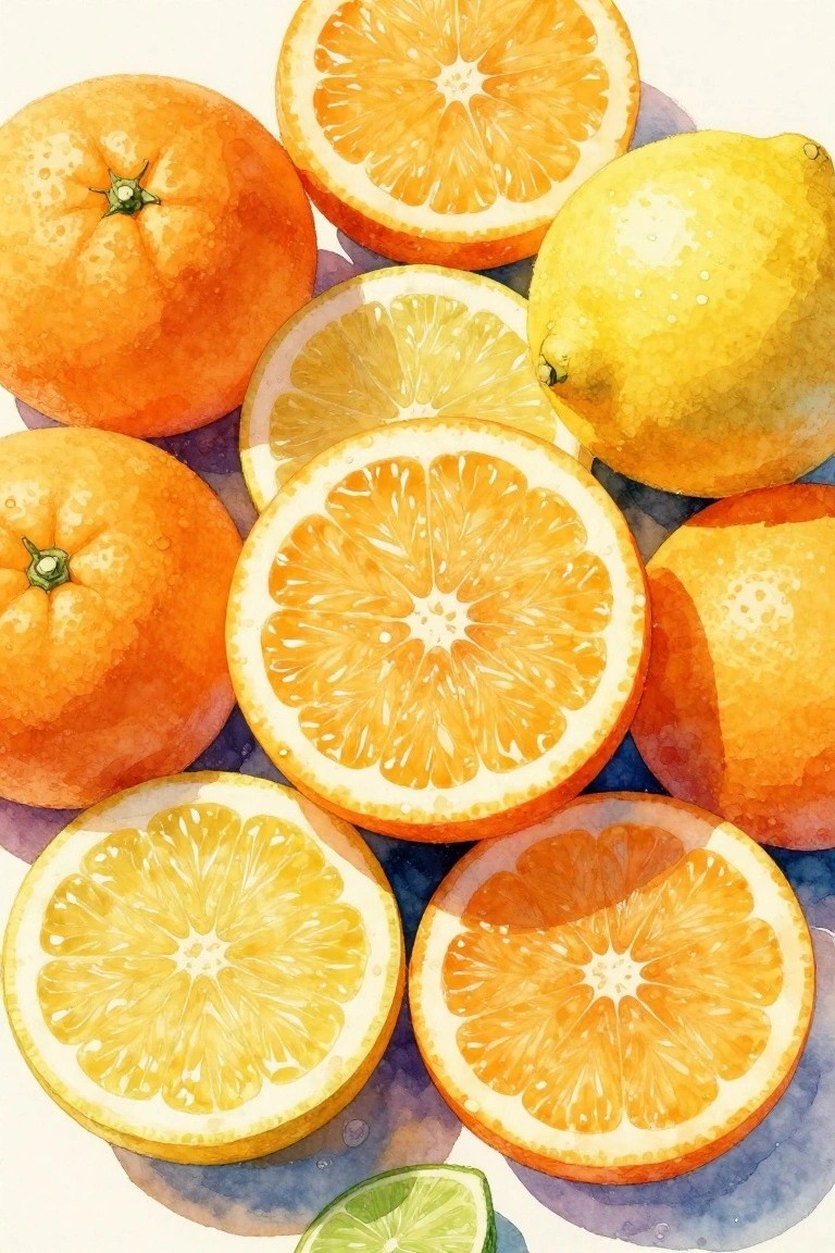 Watercolor of whole and sliced oranges, lemons with lime on blue background