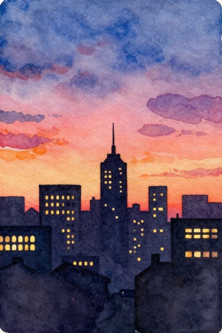 A watercolor painting of a city skyline at sunset with dark silhouetted buildings and glowing yellow windows against a pink and orange sky.