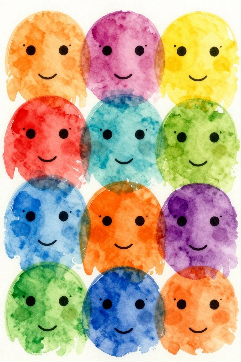 Twelve vibrant watercolor smiley faces in rainbow colors arranged in rows