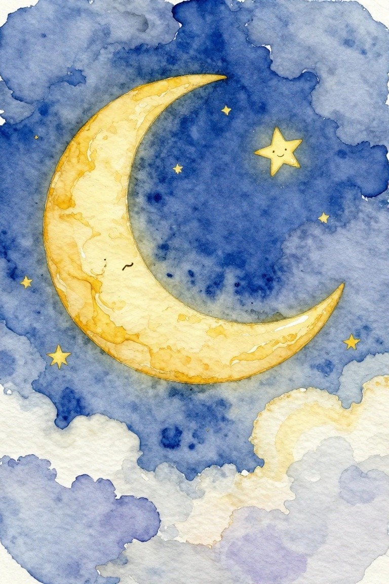 Watercolor of smiling crescent moon with face and stars in blue cloudy sky.