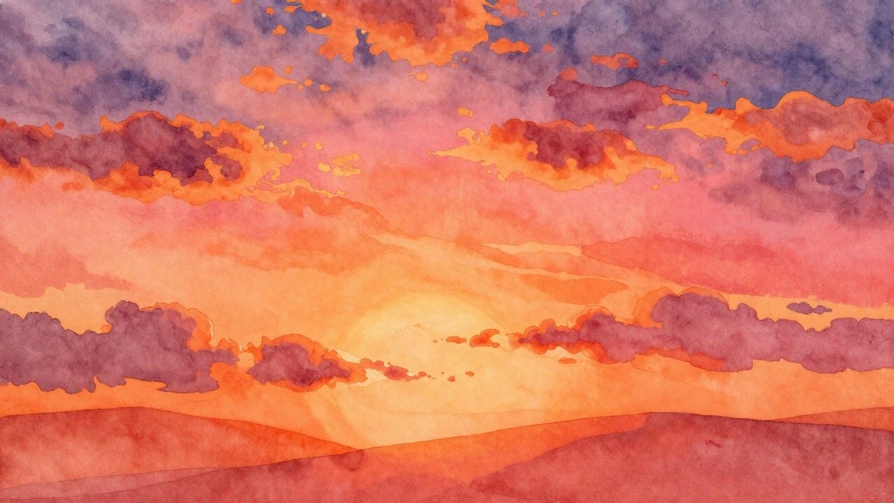 Watercolor sunset over rolling purple hills beneath pink and orange clouds