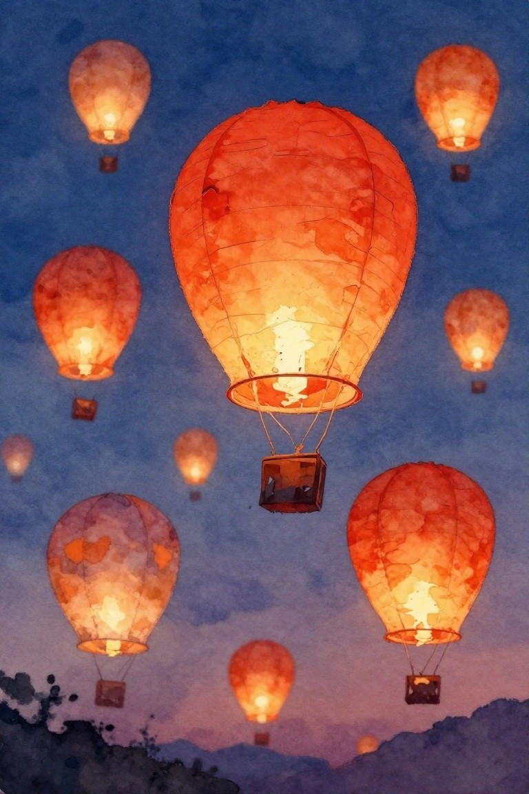 Glowing orange sky lanterns floating in twilight sky, watercolor style
