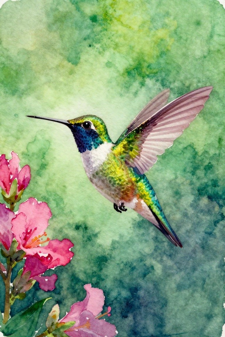 Watercolor hummingbird with green-blue feathers hovers near pink flowers on green background.