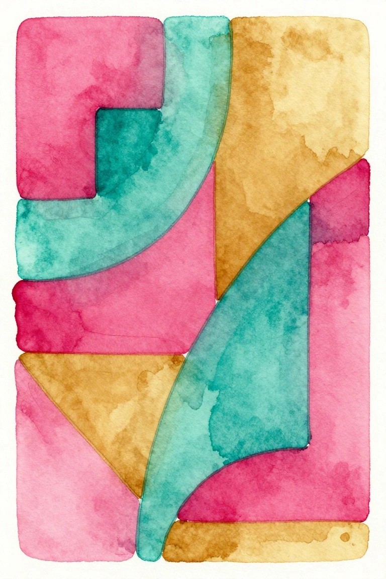 Abstract watercolor with overlapping pink, teal, and ochre curved and geometric shapes.