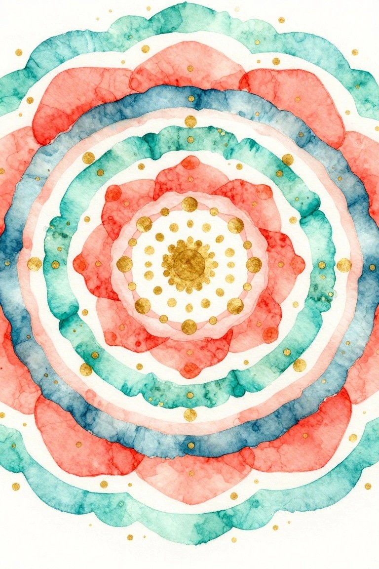 Watercolor mandala with coral and teal layers, pink accents, and gold dots