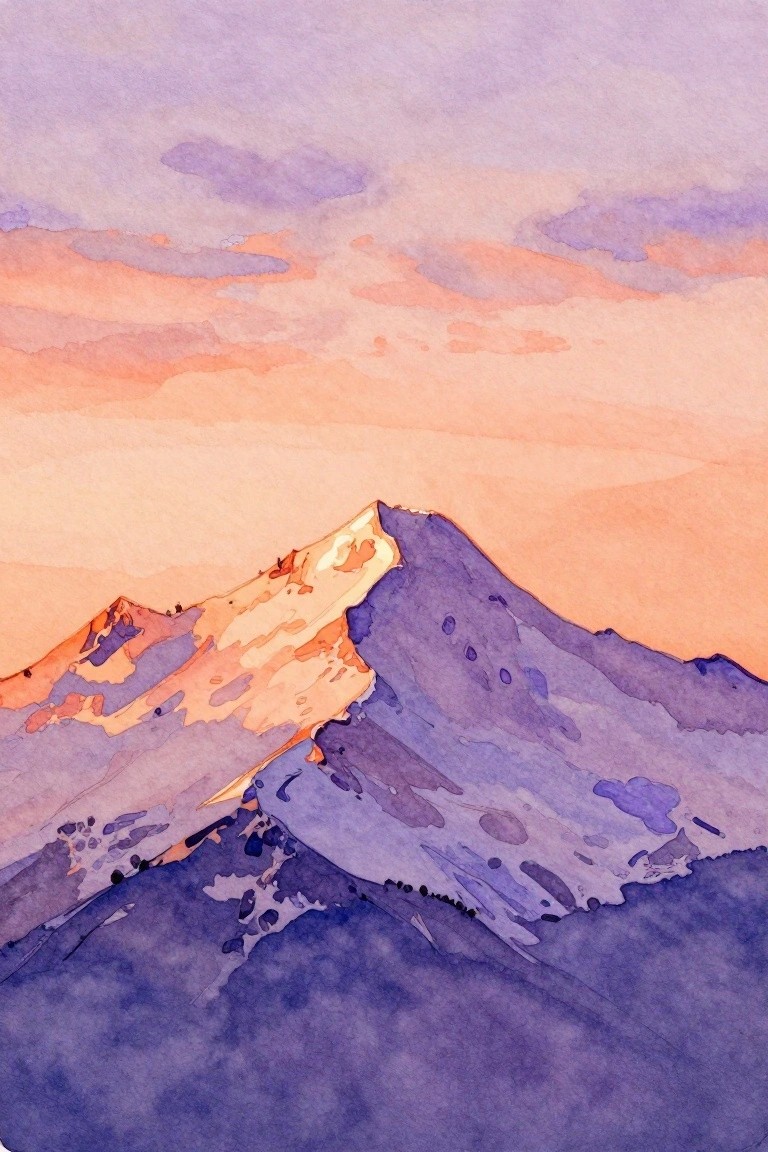 Watercolor painting of purple mountains with bright orange highlights on the peaks beneath a soft orange and lavender sky.