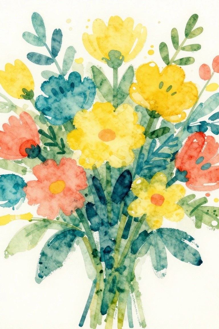 Vibrant watercolor bouquet of yellow, red, and blue flowers with green leaves.