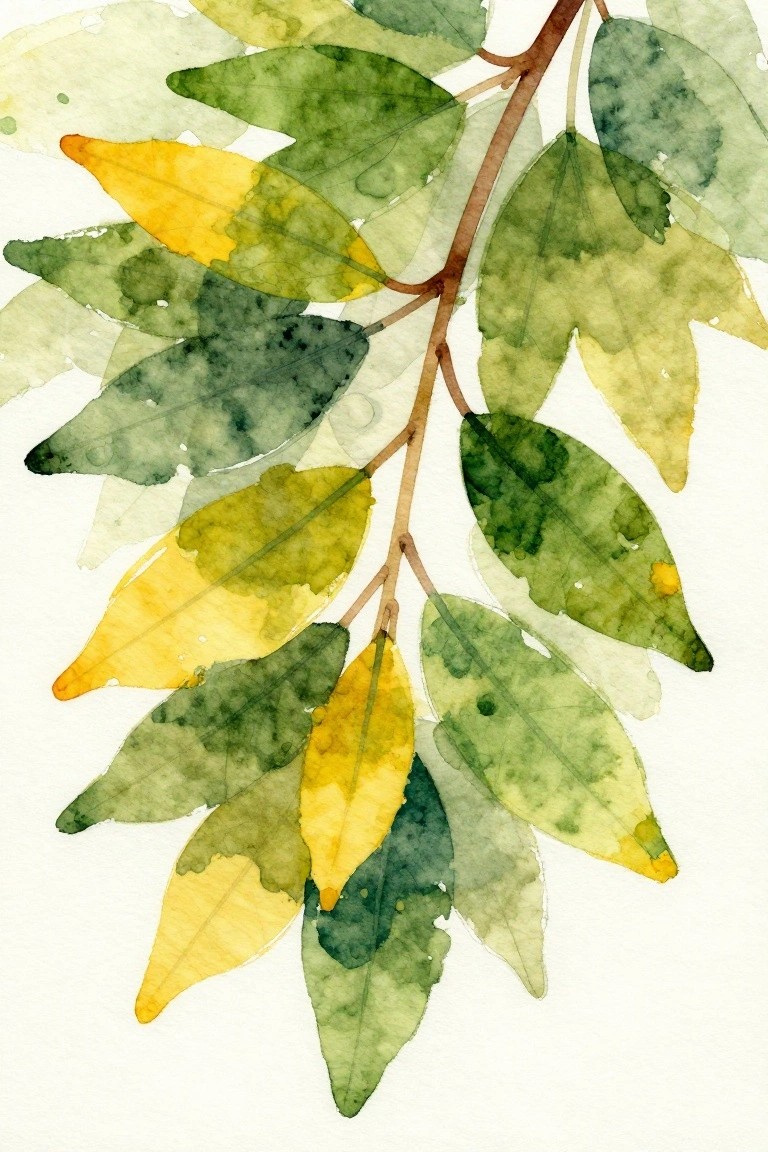 Watercolor branch with overlapping green, yellow, and orange-tipped leaves.