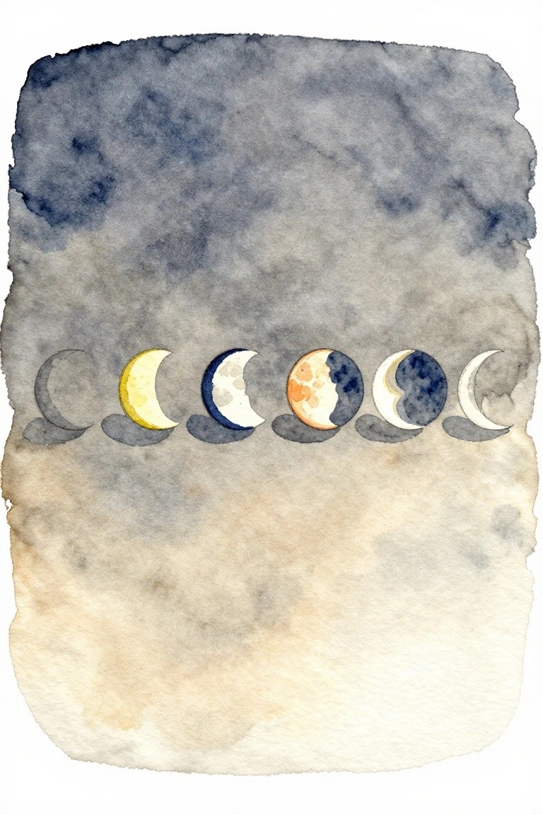 Watercolor painting of six colorful moon phases on a cloudy blue-beige background.