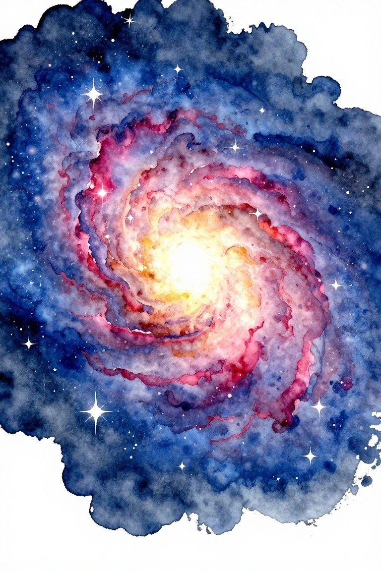 Watercolor spiral galaxy with swirling blue pink purple clouds around bright yellow center and stars