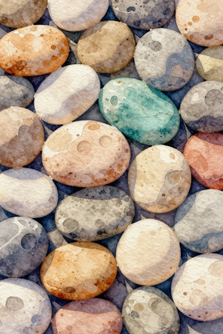 Watercolor illustration of overlapping smooth pebbles in earth tones with one turquoise stone.