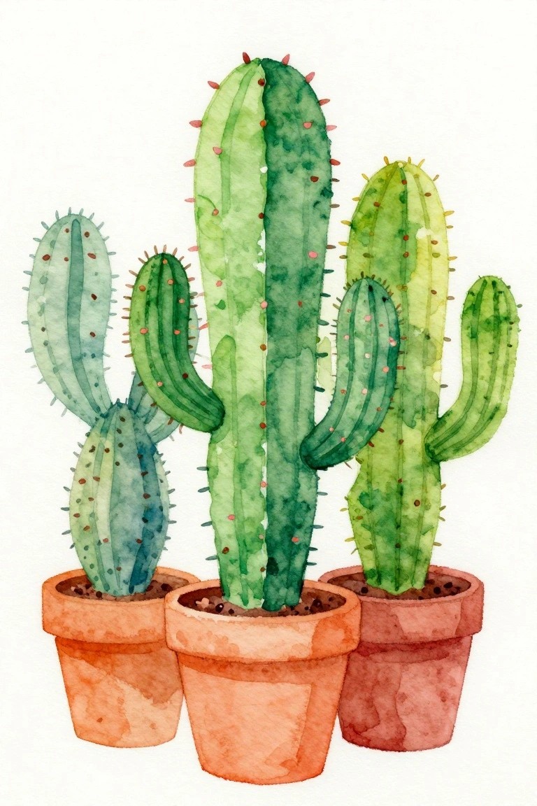 Watercolor painting of five green cacti in terracotta pots of varying sizes.