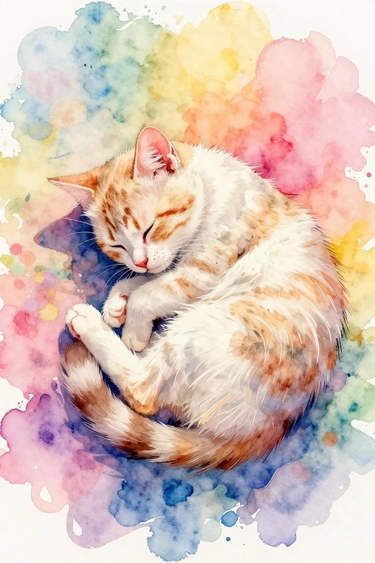 Sleeping curled orange-white cat amid vibrant rainbow watercolor splashes