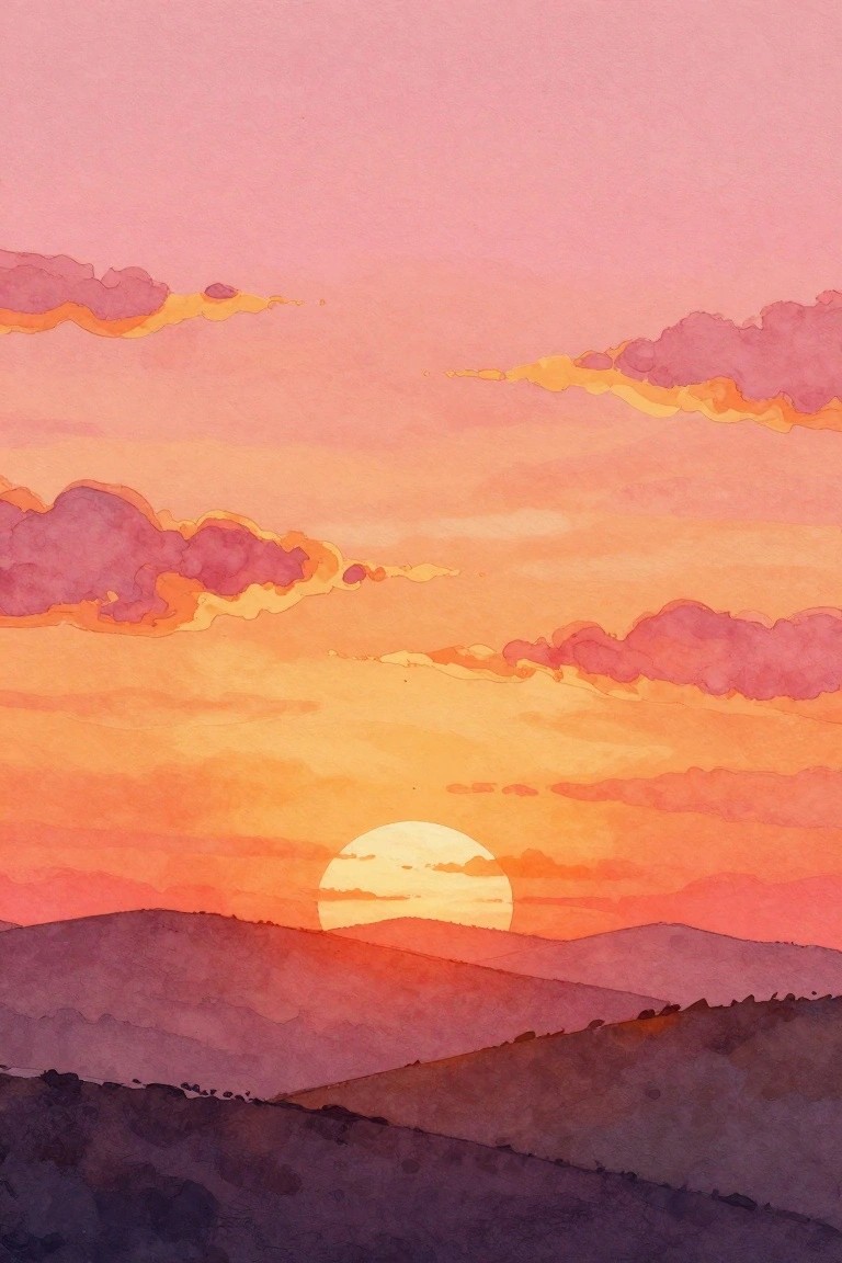 Watercolor sunset over rolling purple hills beneath pink and orange clouds