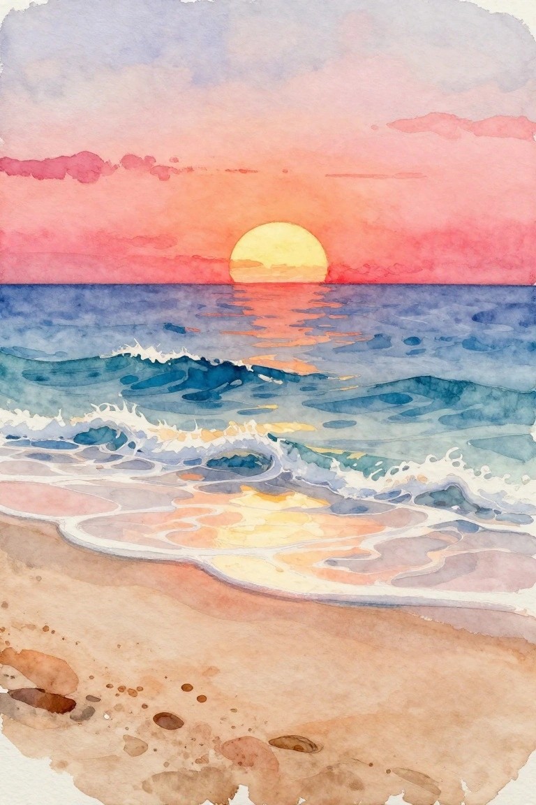 Watercolor sunset with yellow sun, pink sky, blue waves on sandy beach.