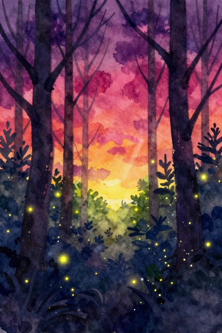 Watercolor forest at sunset with tall trees, vibrant sky, and glowing fireflies.