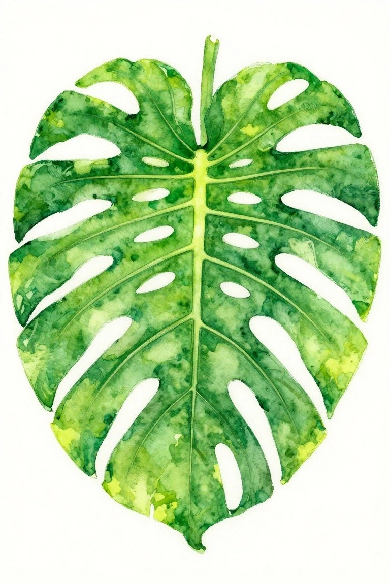 Vibrant green watercolor monstera leaf with natural holes and yellow accents