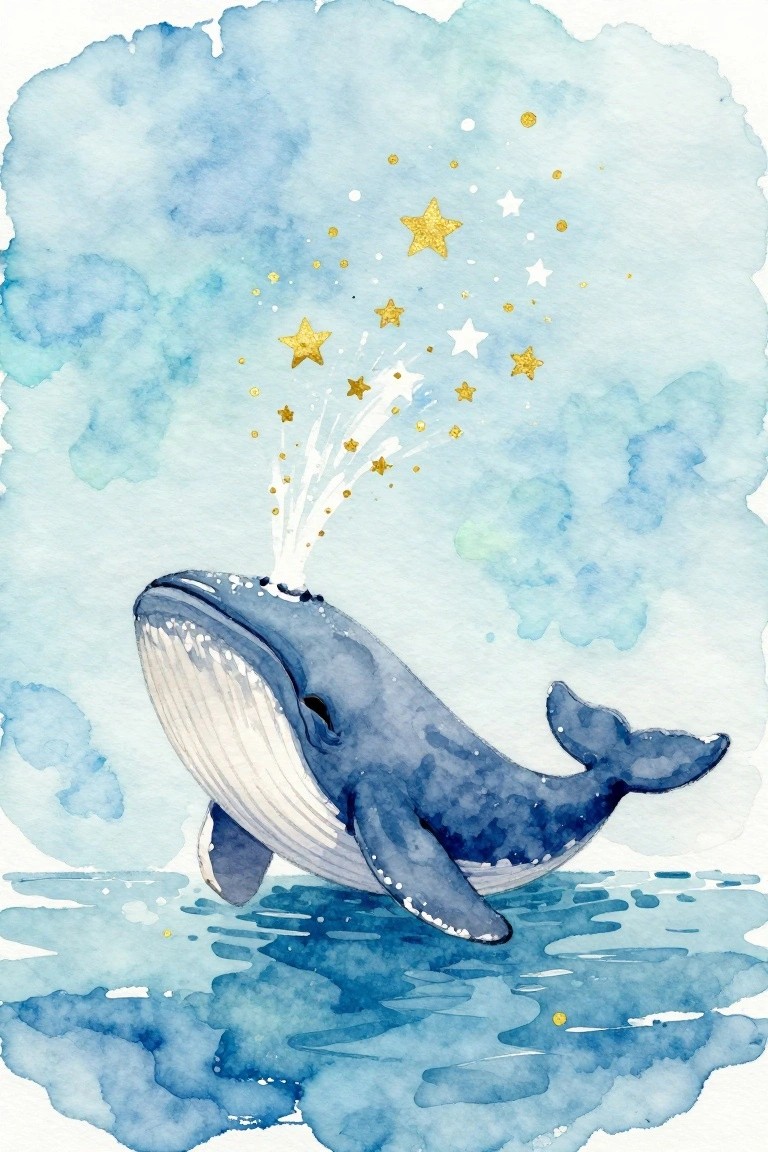 Watercolor blue whale breaching with starry golden spout above rippling water