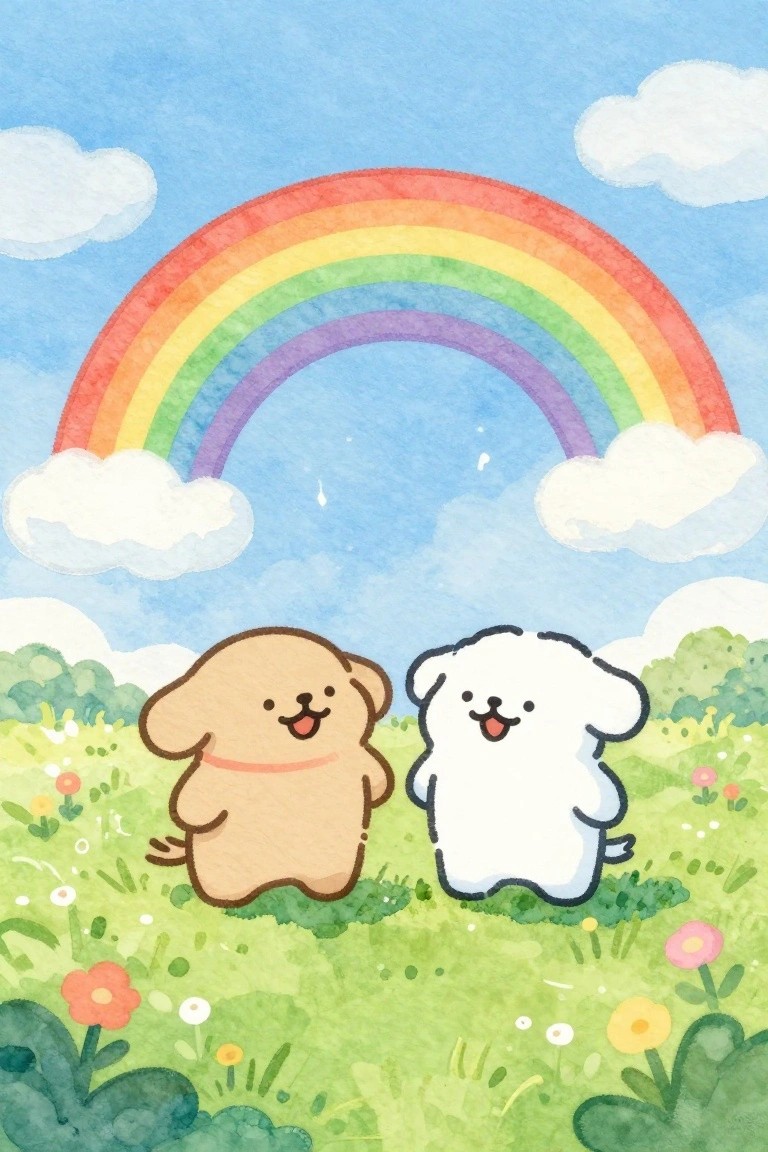 Two happy cartoon dogs on a grassy meadow under a colorful rainbow in watercolor style.