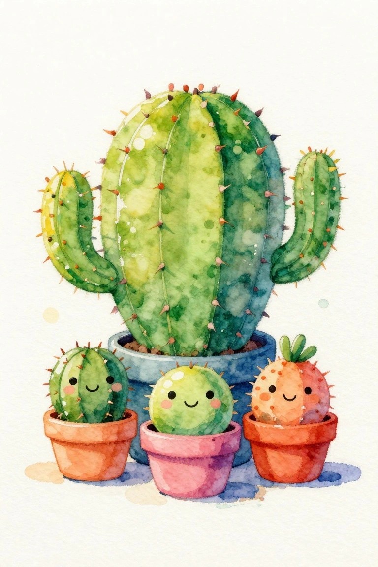 Watercolor of large cactus and three small smiling cacti in colorful pots.