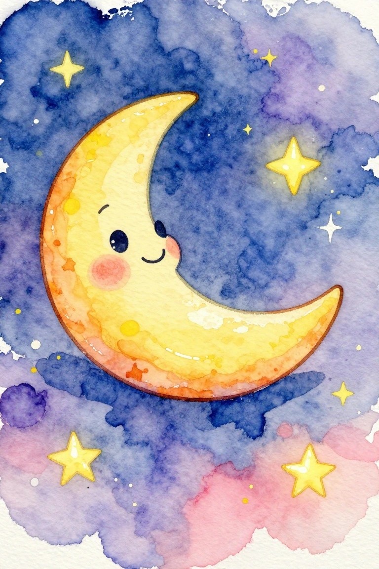 A watercolor-style painting of a yellow crescent moon with a smiling face and pink cheeks, surrounded by yellow stars against a blue and purple cloudy sky.