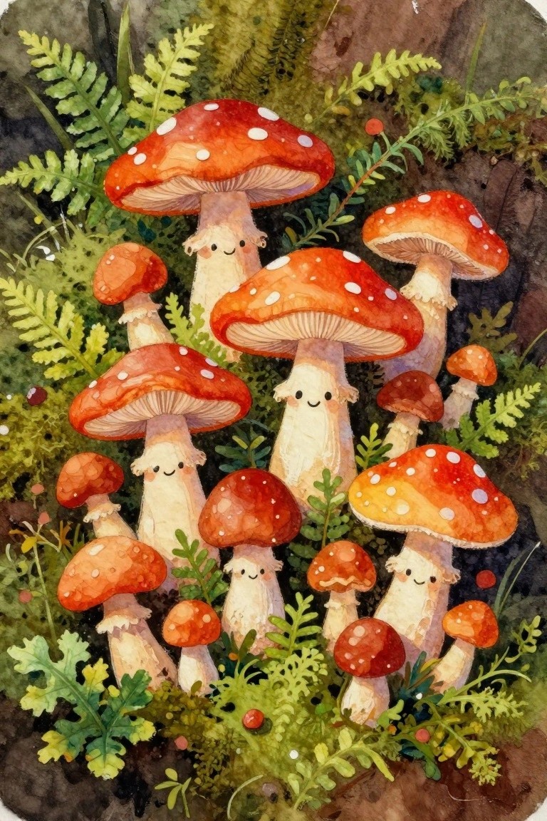 Watercolor painting of cute smiling mushrooms with red spotted caps among green ferns