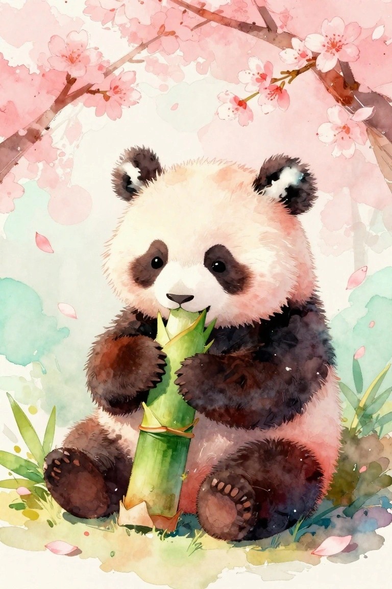 Watercolor panda cub eating bamboo under blooming pink cherry blossom branches