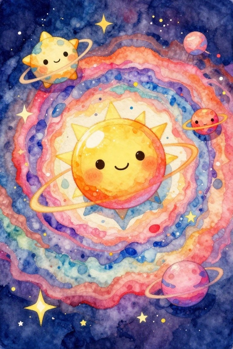 Cute smiling sun with rings amid colorful swirling nebula layers and cartoon planets with stars