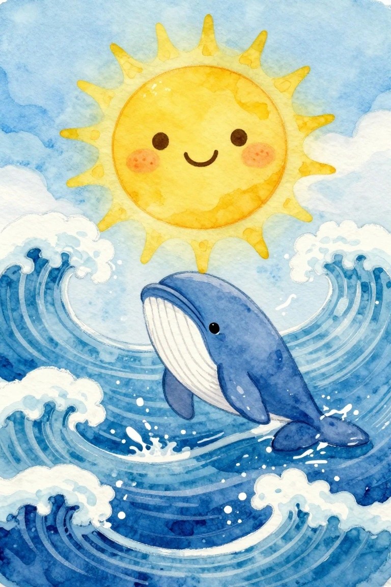 Cute blue whale leaping through splashing waves beneath a smiling yellow sun in watercolor style.