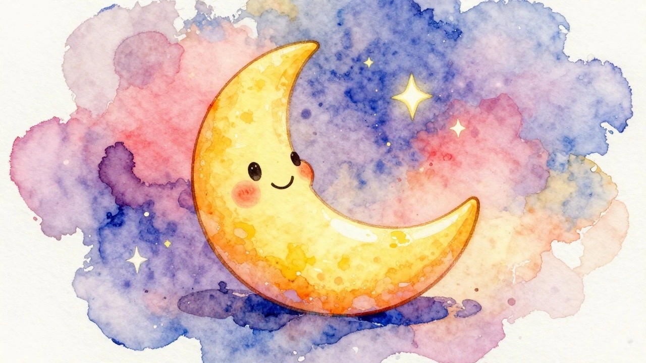 A watercolor-style painting of a yellow crescent moon with a smiling face and pink cheeks, surrounded by yellow stars against a blue and purple cloudy sky.