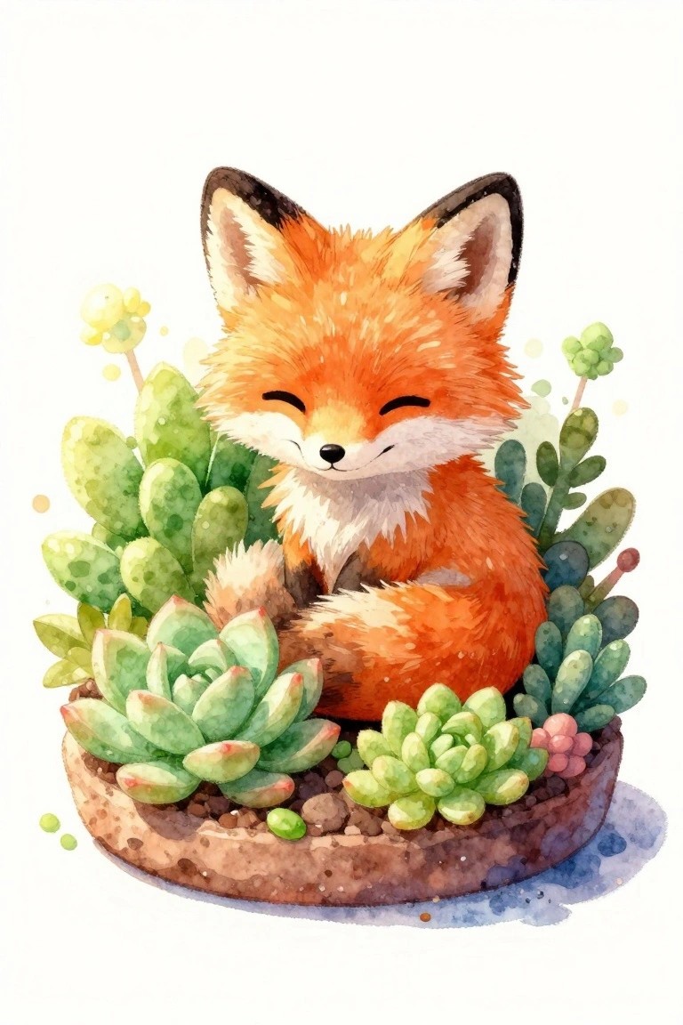 Fluffy orange fox with closed eyes curled among succulents in a clay pot, watercolor style.