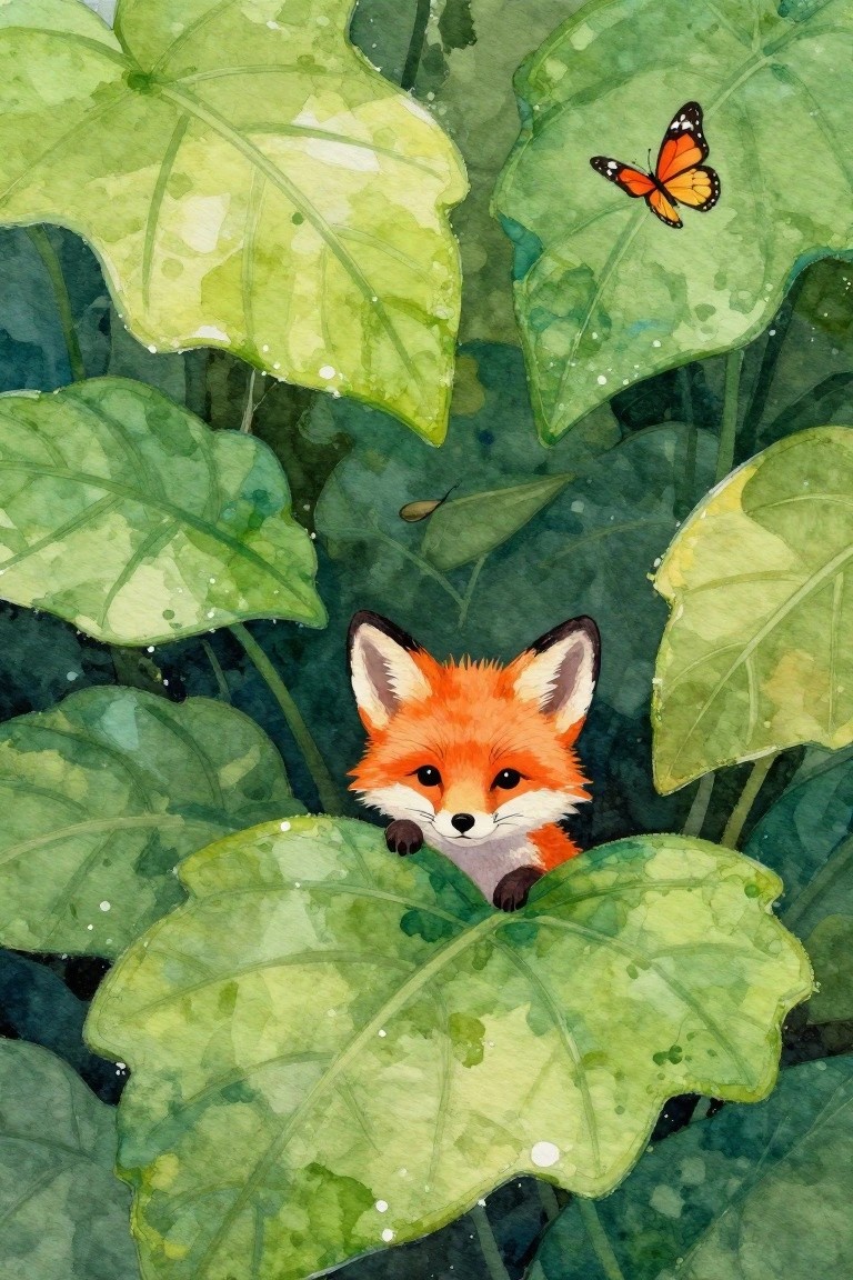 Watercolor fox peeking from lush green leaves with orange butterfly flying nearby.