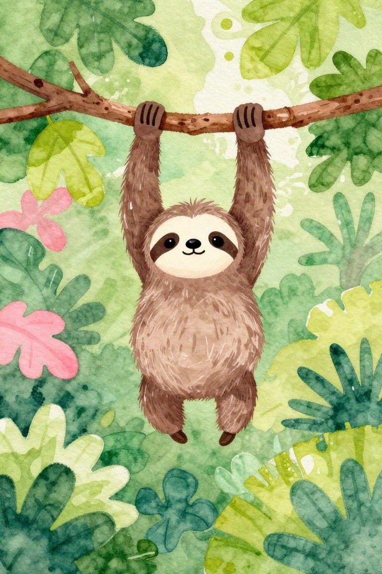 A watercolor-style painting of a brown sloth hanging from a branch amid green and pink leaves.