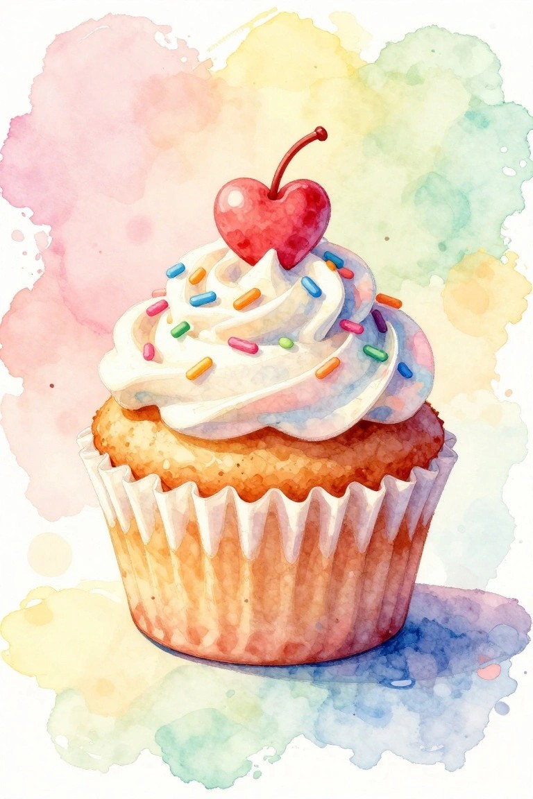 Watercolor cupcake with white frosting, red cherry, sprinkles on rainbow background