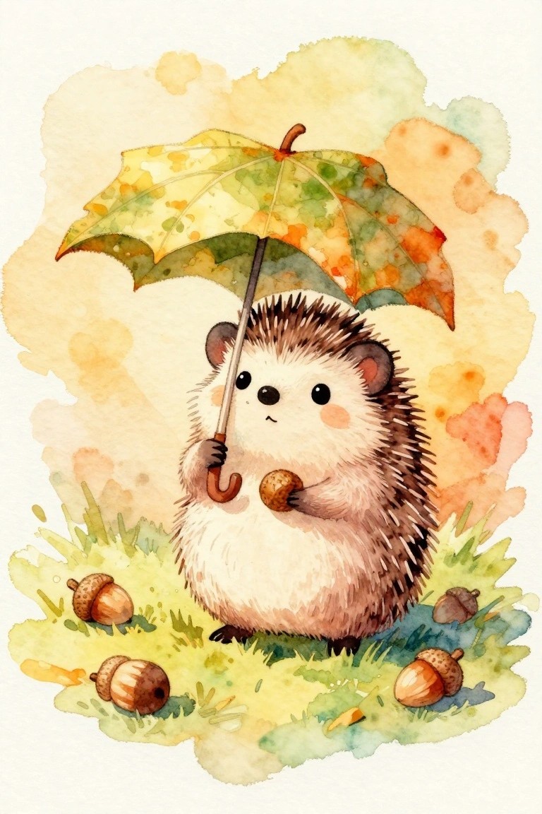 Watercolor hedgehog holding umbrella and acorn amid scattered acorns on grass