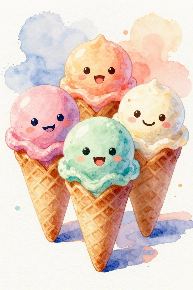Four colorful ice cream cones with cartoon faces painted in a soft watercolor style against a light background.