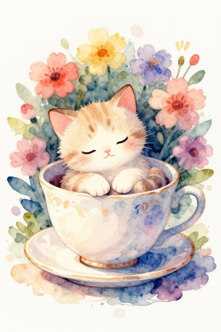 Sleeping kitten nestled in ornate teacup amid colorful watercolor flowers.