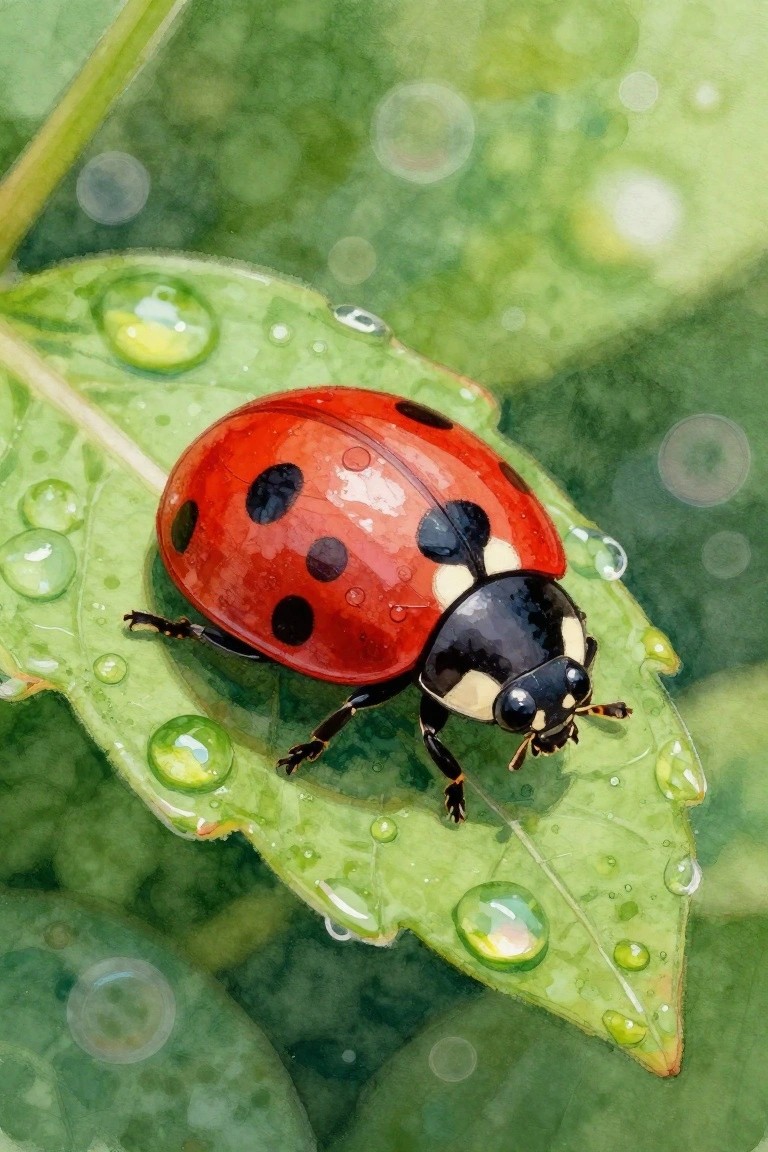 Red ladybug with black spots on dewy green leaf with water droplets