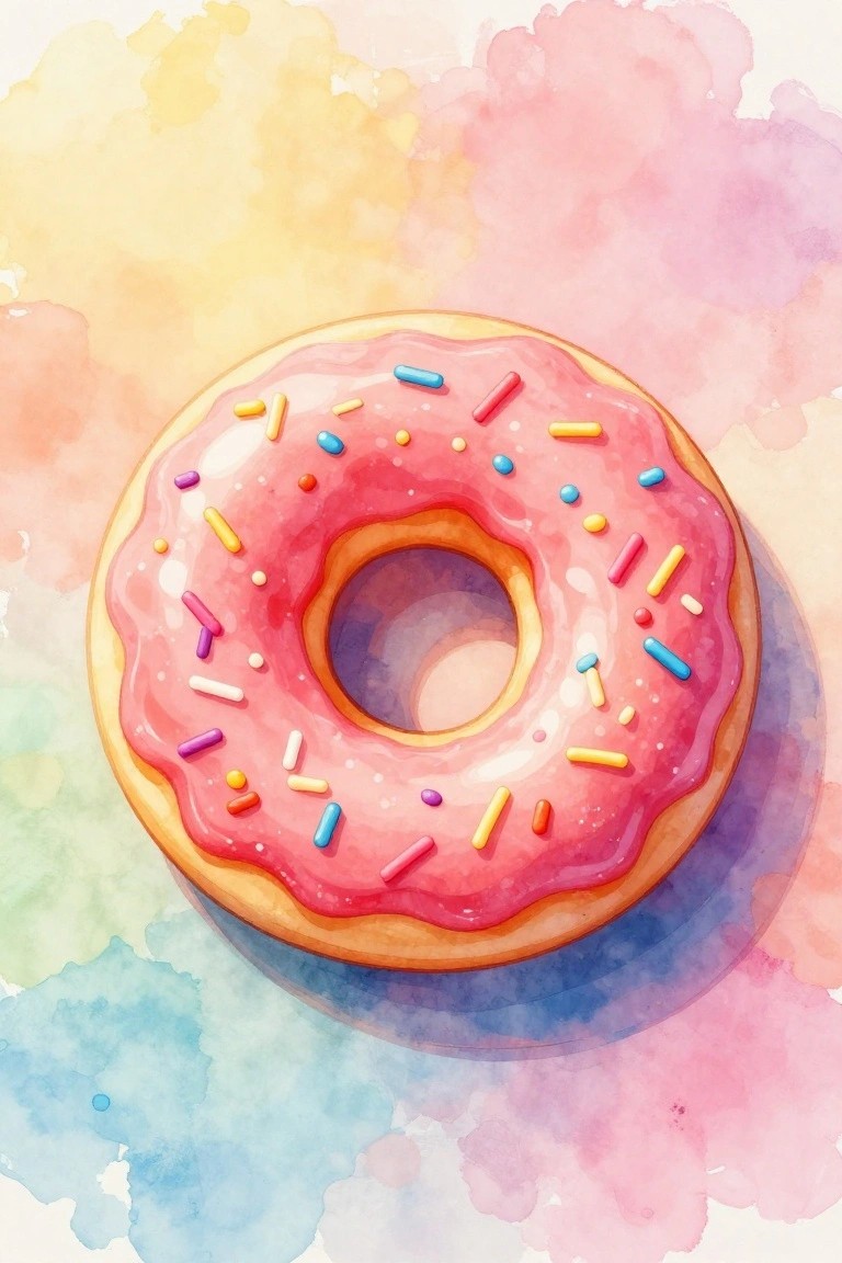 Watercolor-style pink frosted donut with colorful sprinkles on pastel abstract background.