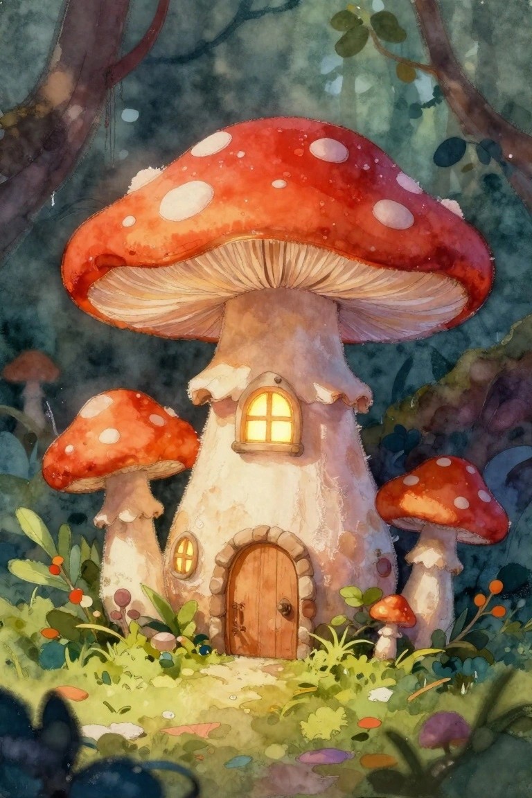 Whimsical red mushroom house with glowing windows in enchanted forest watercolor scene