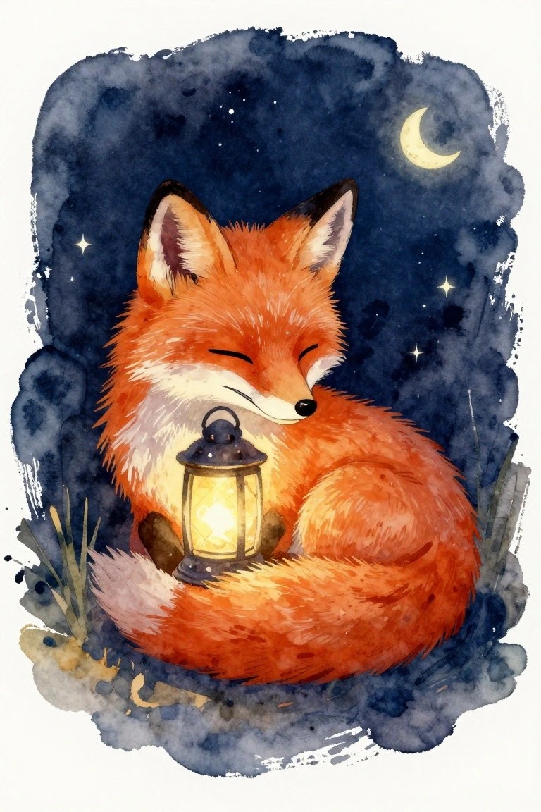 A watercolor painting of a red fox curled up asleep while holding a lit lantern against a dark blue night sky with stars and a crescent moon.