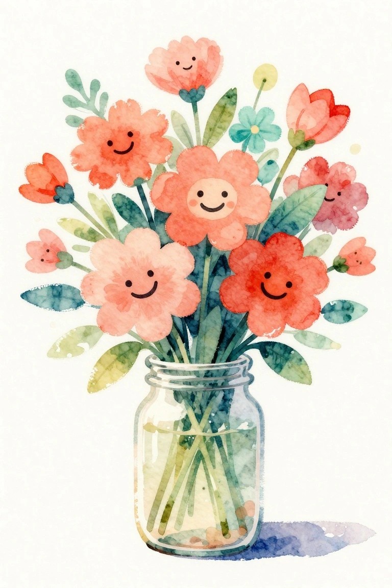 Watercolor painting of colorful flowers with smiling faces arranged in a glass jar.