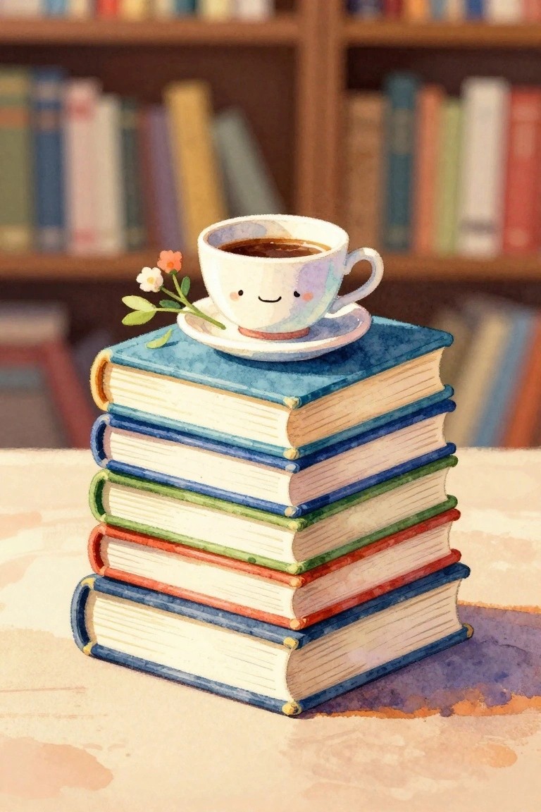 Watercolor of smiling coffee cup atop stack of colorful books with tiny flower.