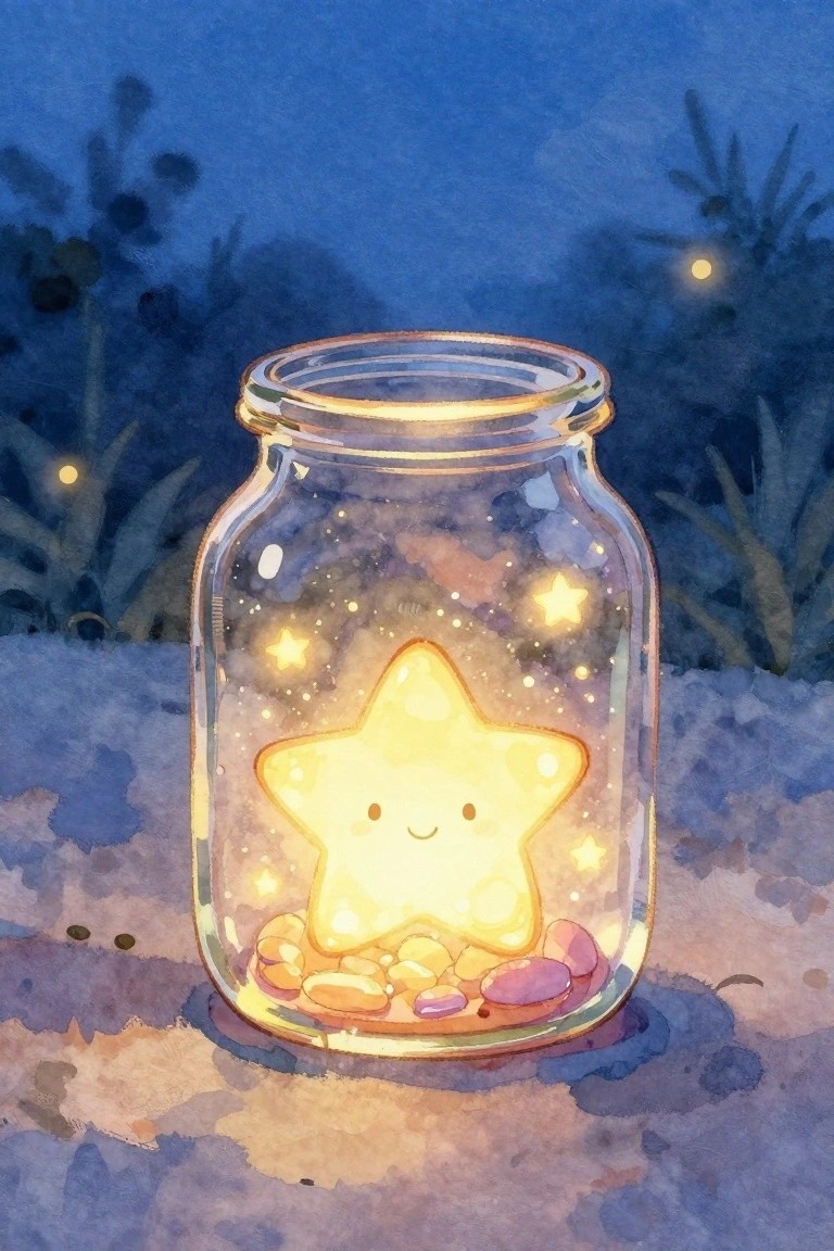 A glowing yellow star with a simple face sits inside a glass jar on colorful pebbles against a dark blue night background.