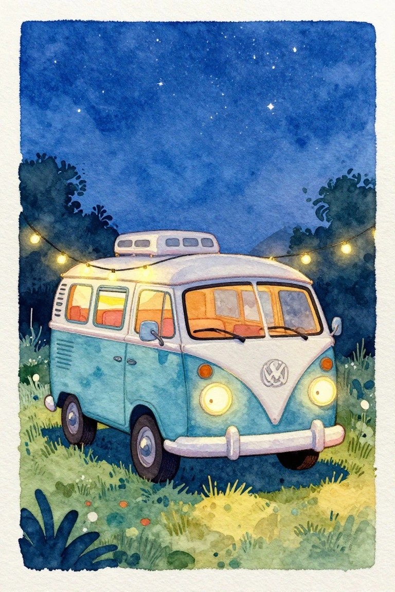 Watercolor of turquoise VW camper van with lights under starry night sky.