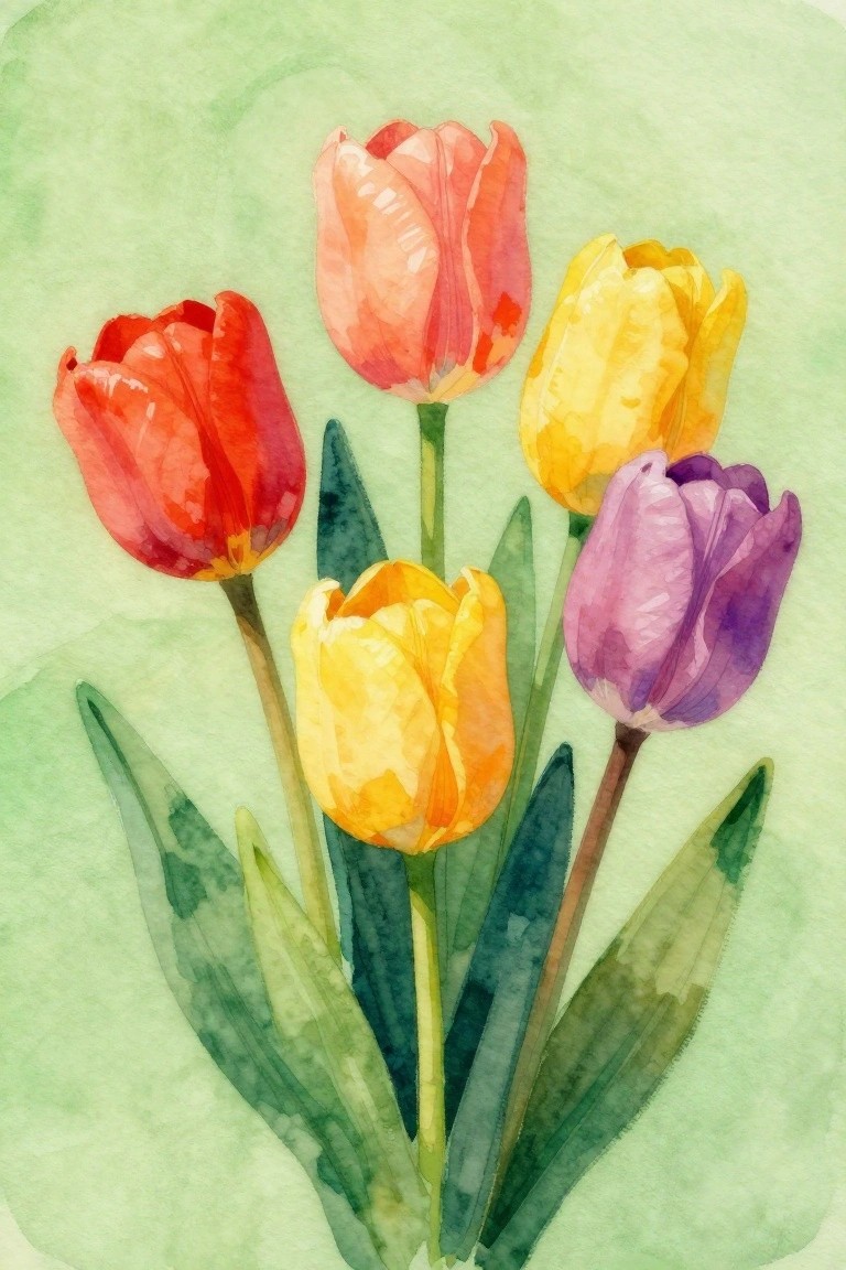 Watercolor painting of red, pink, yellow, and purple tulips with green leaves.