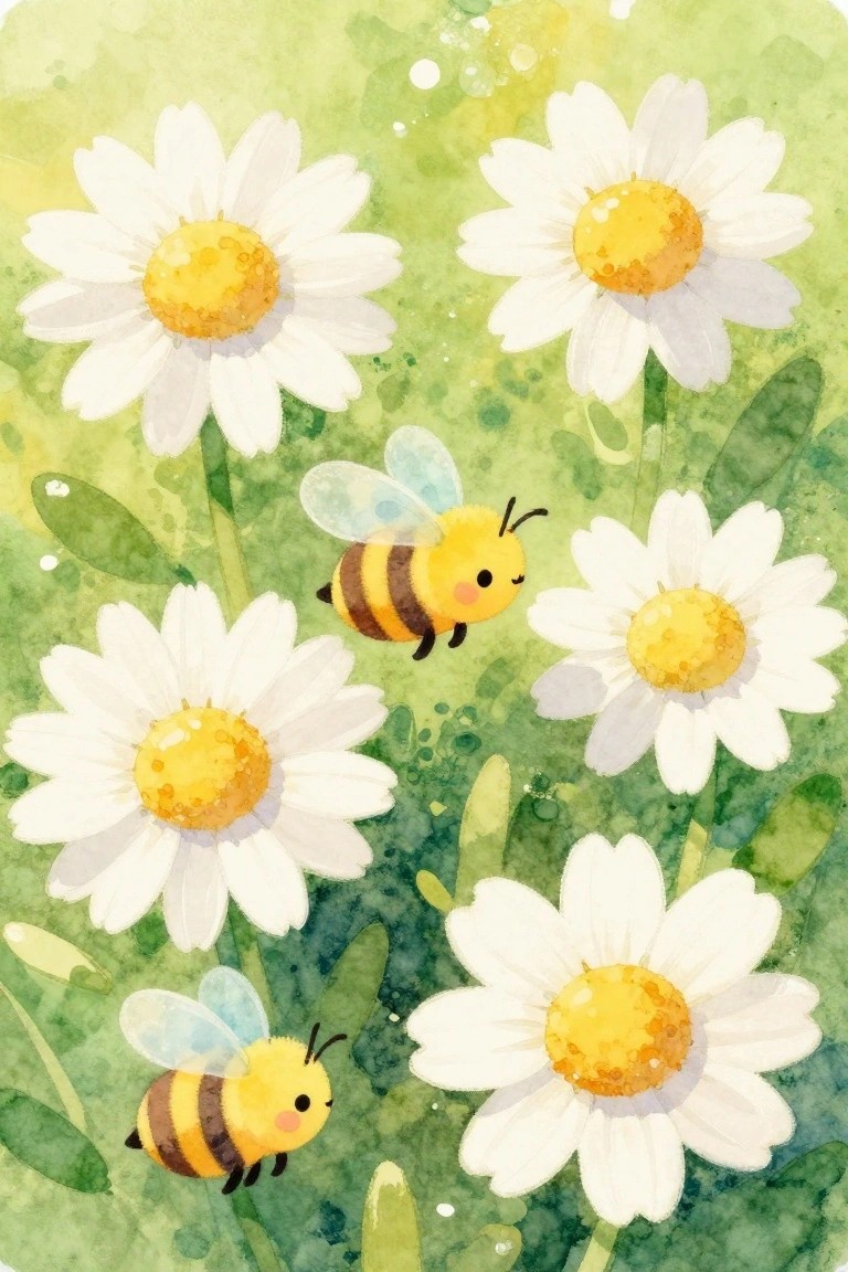 Two cartoon bees fly among several white daisies with yellow centers against a soft green background.